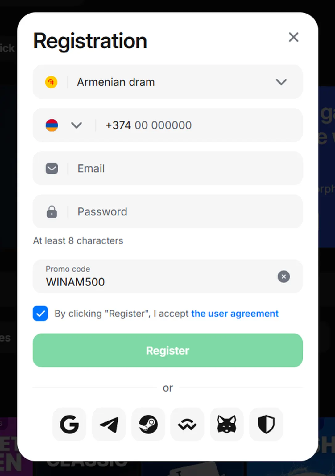 1win գրանցման ձև՝ AMD և պրոմո կոդ WINAM500
